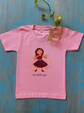 Shevanti - Baby pink pure cotton round neck t-shirt with a cheerful print and Marathi poetic quote for Girl Soyara Ethnics Studio