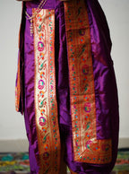 Purple mysore silk Dhoti/Soval/Kad & Shawl/Upran/Shela with Paithani jari Border Set for Batu.Pre-stitched sovale uparane set includes Ready to wear Sovale & Uparane/Upavastra.Can be paired with a short kurta.This Set is ideal for rituals like Matrubhojan,Muhurt during Munj/Upanayan/Vratabandha/Thread Ceremony.