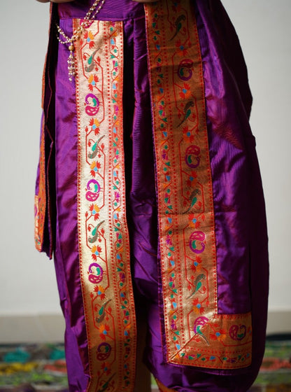 Purple silk Sovale uparane dhoti jari Shawl ethnic traditional dhoti-upavastra pooja dhoti jari gamcha with Paithani jari border for munj thread ceremony vratabandha upanayanam for kids