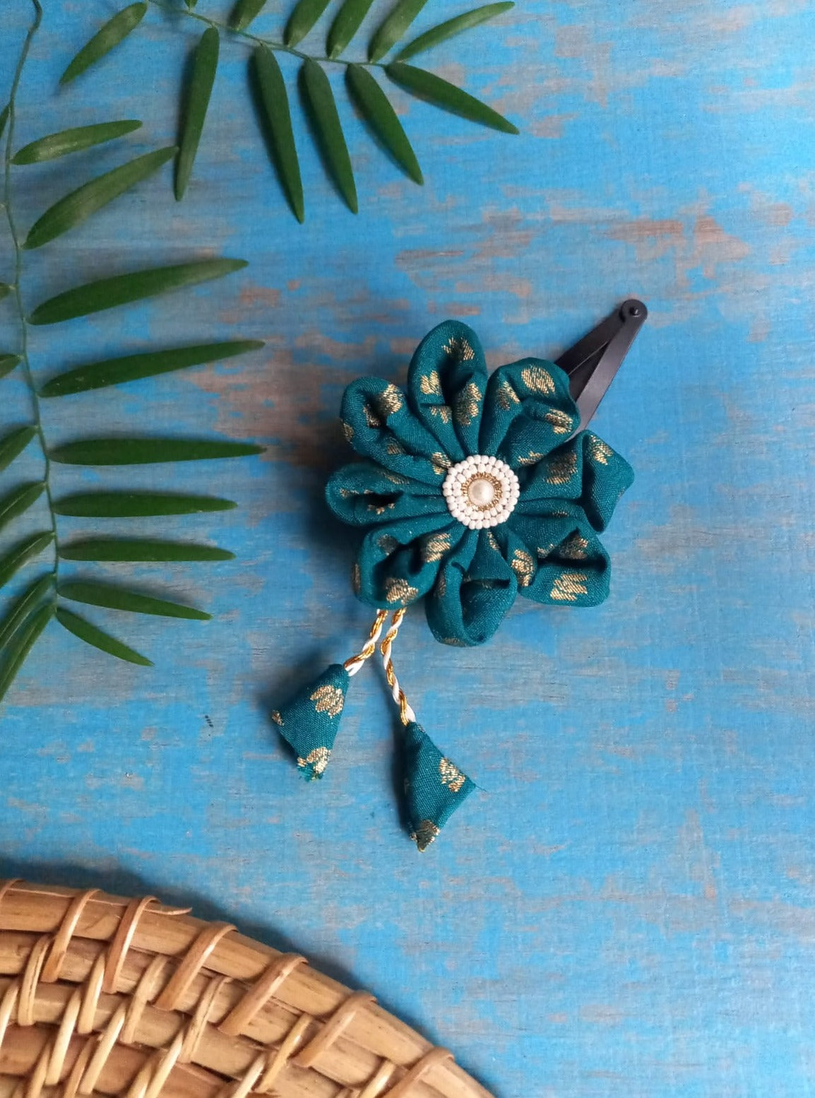 Teal Green Dahlia flower handcrafted hairclip with matching danglers.