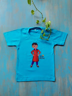 Chafa - Blue colored pure cotton round neck t-shirt with a cheerful print and Marathi poetic quote for Boy T-shirt specifications: 180 GSM 100% combed cotton bio wash traditional ethnic brocade printed silk cotton kurta pyjama salwar suit pajama churidar set sherwani jacket for baby boy kids  shirt floral essential