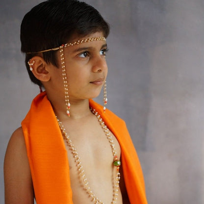 Traditional ethnic for baby boy vratabandha upnayan  munj mauji bandhan pearl pearl chain pendant handmade handcrafted golden multi color beaded batu paithani double layer triple layer glass beads bhikshawal  bhikbali mundavalya kanthi jholi panche gamacha towel janav yadnyopavit brooch cotton clip on soval chaddi inner pant     