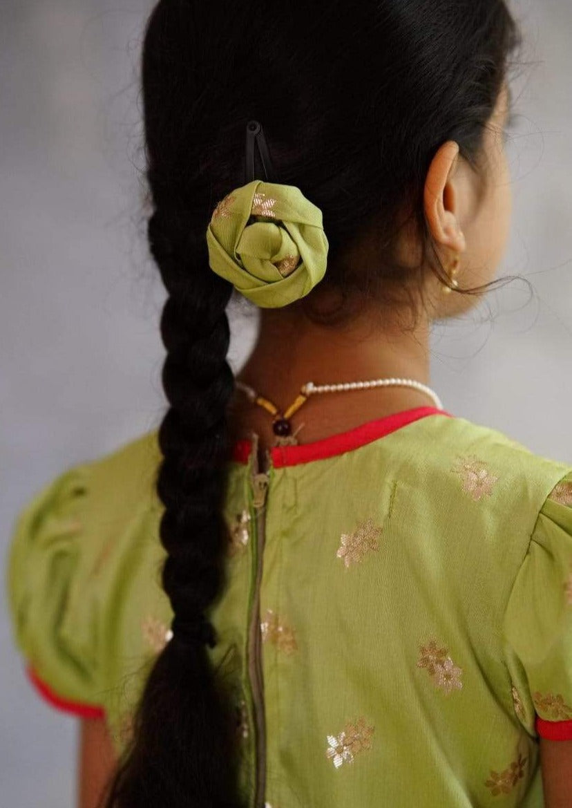 Fresh Lime Green Banarasi Silk Kurti with Delicate Flower Motifs.Let your princess be as comfortable as in her casuals with carefully designed & crafted Comfort Ethnic Wear by Soyara Ethnics.Keep her fashion quotient high with timeless patterns, vibrant combinations and royal textiles.