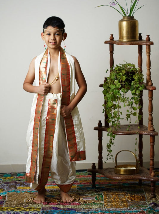 Ivory Mysore Silk Dhoti/Soval/Kad & Shawl/Upran/Shela with Paithani jari Border Set for Batu.Pre-stitched sovale uparane set includes Ready to wear Sovale & Uparane/Upavastra.Can be paired with a short kurta.This Set is ideal for rituals like Matrubhojan,Muhurt during Munj/Upanayan/Vratabandha/Thread Ceremony.