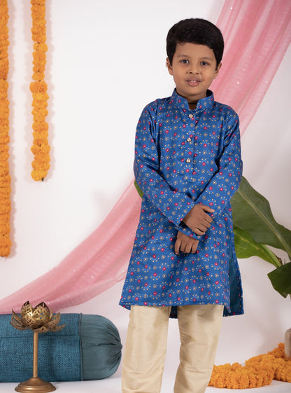 blue traditional ethnic brocade printed silk cotton kurta pyjama salwar suit pajama churidar set sherwani jacket for baby boy kids 