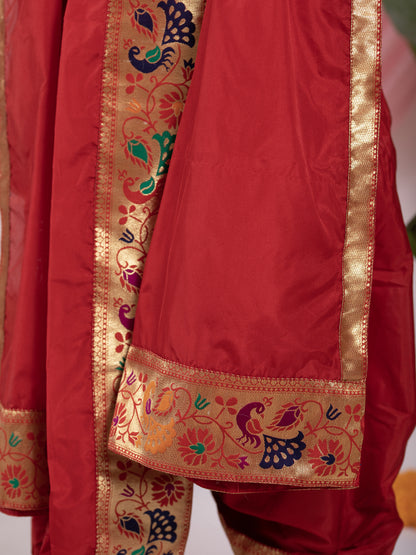 red silk Sovale uparane dhoti jari Shawl ethnic traditional dhoti-upavastra pooja dhoti jari gamcha with Paithani jari border for munj thread ceremony vratabandha upanayanam for kids