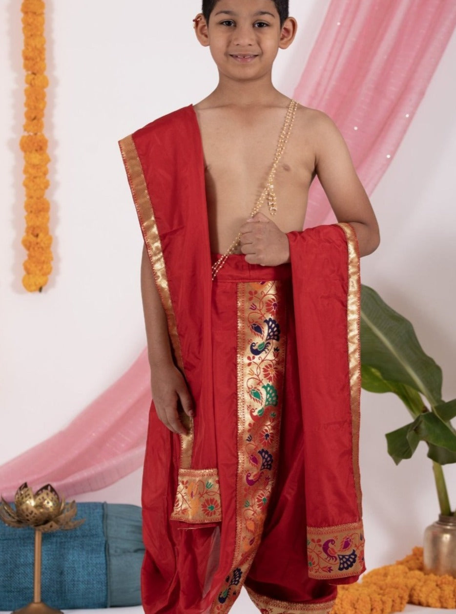 red silk Sovale uparane dhoti jari Shawl ethnic traditional dhoti-upavastra pooja dhoti jari gamcha with Paithani jari border for munj thread ceremony vratabandha upanayanam for kids