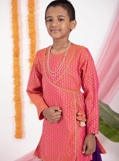Carrot Pink  traditional ethnic brocade printed silk cotton kurta pyjama salwar suit pajama churidar set sherwani jacket for baby boy kids 