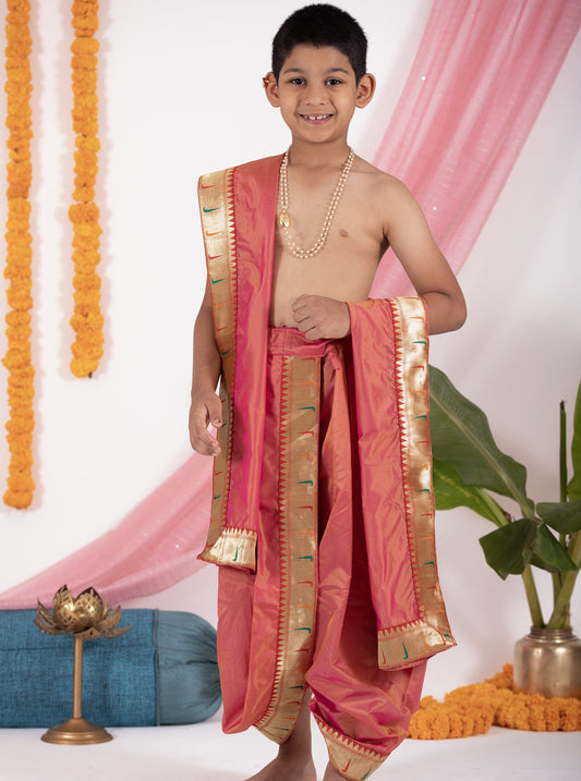 Carrot Pink Mysore Silk Dhoti/Soval/Kad & Shawl/Upran/Shela with Paithani jari Border Set for Batu.Pre-stitched sovale uparane set includes Ready to wear Sovale & Uparane/Upavastra.Can be paired with a short kurta.This Set is ideal for rituals like Matrubhojan,Muhurt during Munj/Upanayan/Vratabandha/Thread Ceremony.