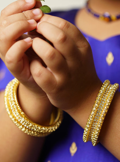 Three lined pearls and stones broad bangles Set of 2 Soyara Ethnics StudioAccessories gifts fancy traditional ethnic trendy handmade accessories handcrafted matching assorted mix n match pearl multicolour metal golden pair of bangles beaded for baby girls kids new born baby kada silver golden pearl bracelet crystal beads set of 2  