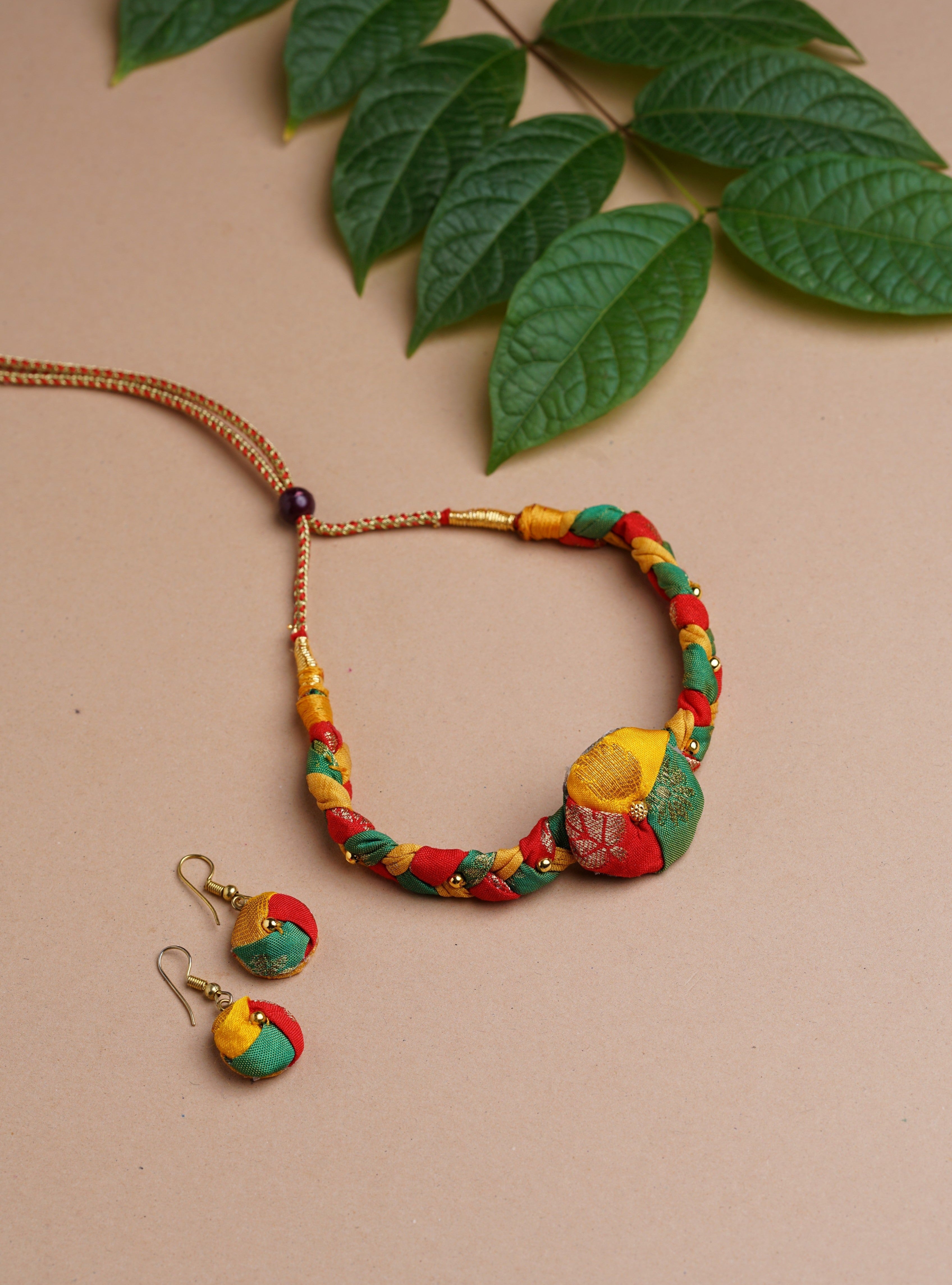 Accessories gifts fancy traditional ethnic for kids trendy handmade fabric accessories brocade handcrafted matching assorted mix n match pearl multicolour metal golden party wear beaded glass beads trendy gold plated earrings pendent    