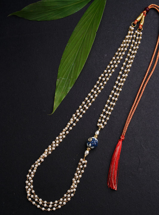Blue Pachi bead with Pearl Triple Layer Kanthi for Batu.It is worn Batu for Vratabandh/Munj/Upnayan/ Thread Ceremony.Mundavalya,kanthi,bhikbali,topi,pagdi are boys accessories exclusively designed using Pearls,glass beads,jadau & gold plated findings for Batu,for Upanayan/Vratabandha/munj /thread ceremony.