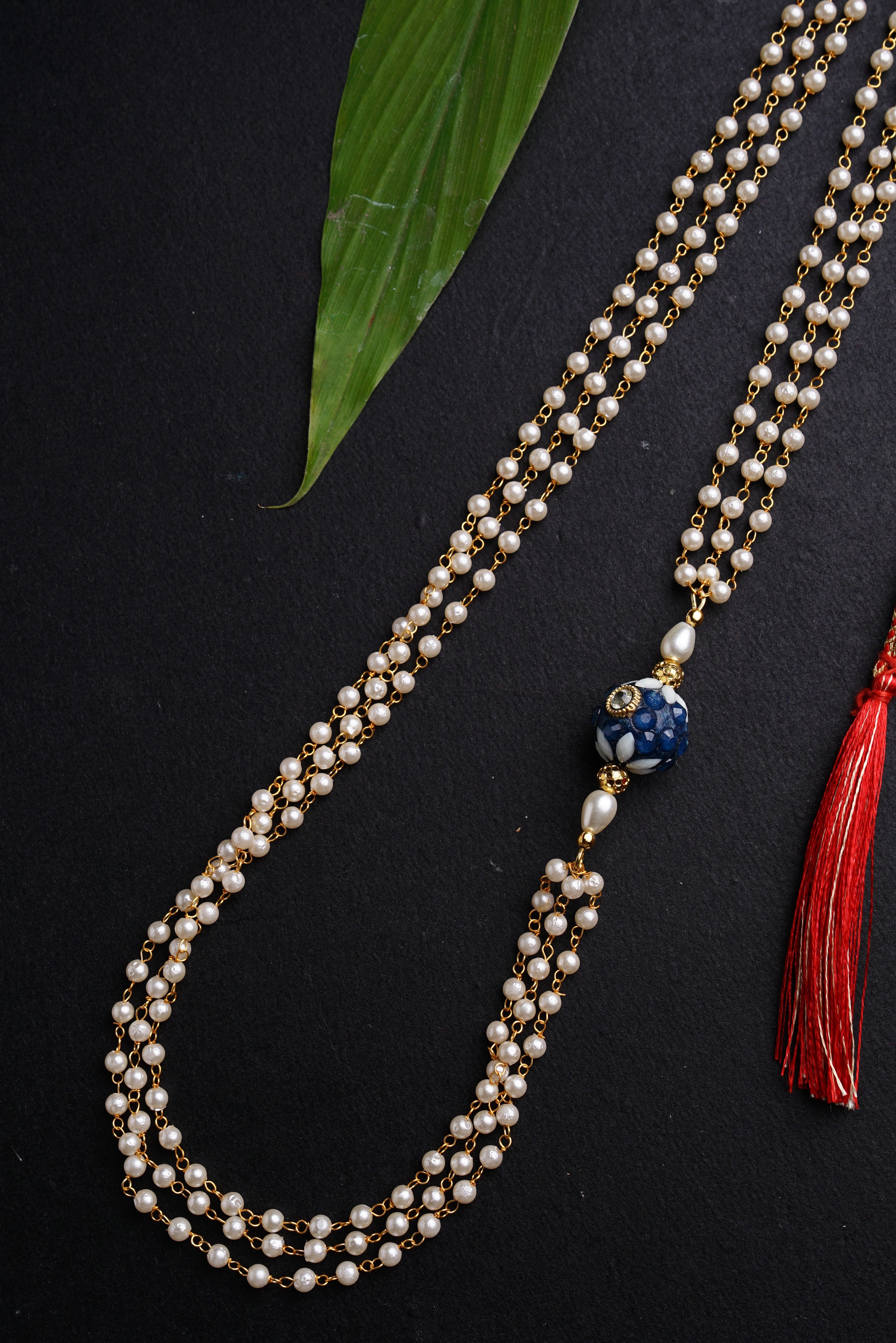 Blue Pachi bead with Pearl Triple Layer Kanthi for Batu.It is worn Batu for Vratabandh/Munj/Upnayan/ Thread Ceremony.Mundavalya,kanthi,bhikbali,topi,pagdi are boys accessories exclusively designed using Pearls,glass beads,jadau & gold plated findings for Batu,for Upanayan/Vratabandha/munj /thread ceremony.