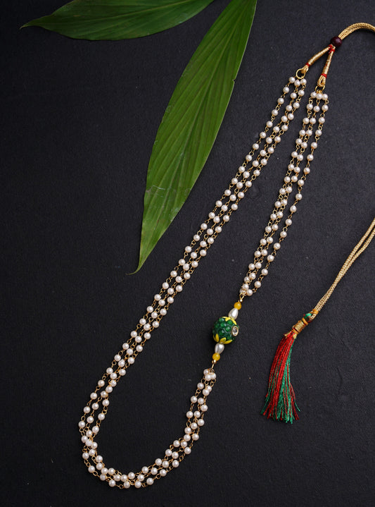 Yellow green Pachi bead with Pearl Triple Layer Kanthi for Batu.Mundavalya,kanthi,bhikbali,topi,pagdi are boys accessories exclusively designed using Pearls,glass beads,jadau & gold plated findings for Batu,for Upanayan/Vratabandha/munj /thread ceremony.