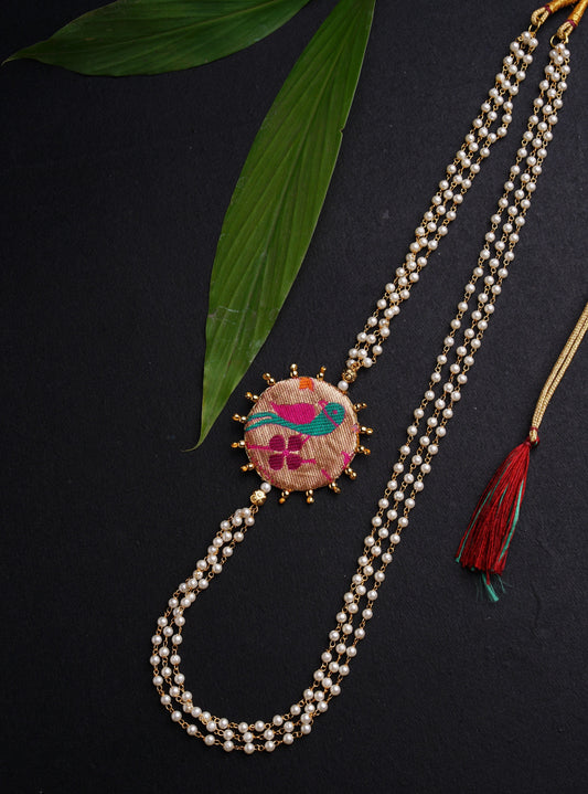 Handcrafted Circular Paithani Pendent triple layer pearl Kanthi for Batu/Boys.It is worn by Batu for Vratabandh/Munj/Upnayan/Thread Ceremony.Mundavalya,kanthi,bhikbali,topi,pagdi are boys accessories exclusively designed using Pearls,glass beads,jadau & gold plated findings for Batu,for Upanayan/Vratabandha/munj /thread ceremony.