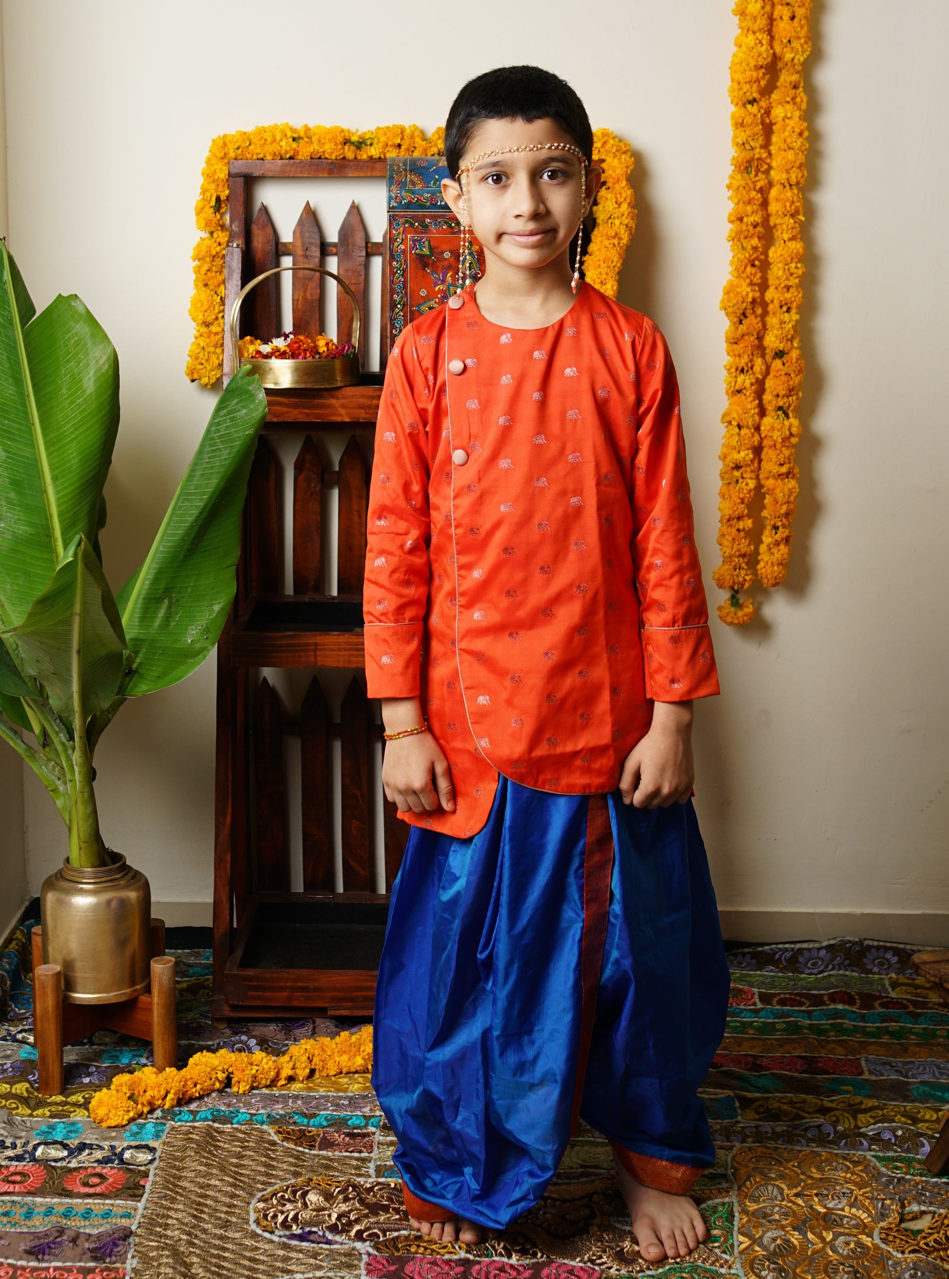 Orange silk traditional ethnic brocade printed silk cotton kurta pyjama salwar suit pajama churidar set sherwani jacket for baby boy kids 