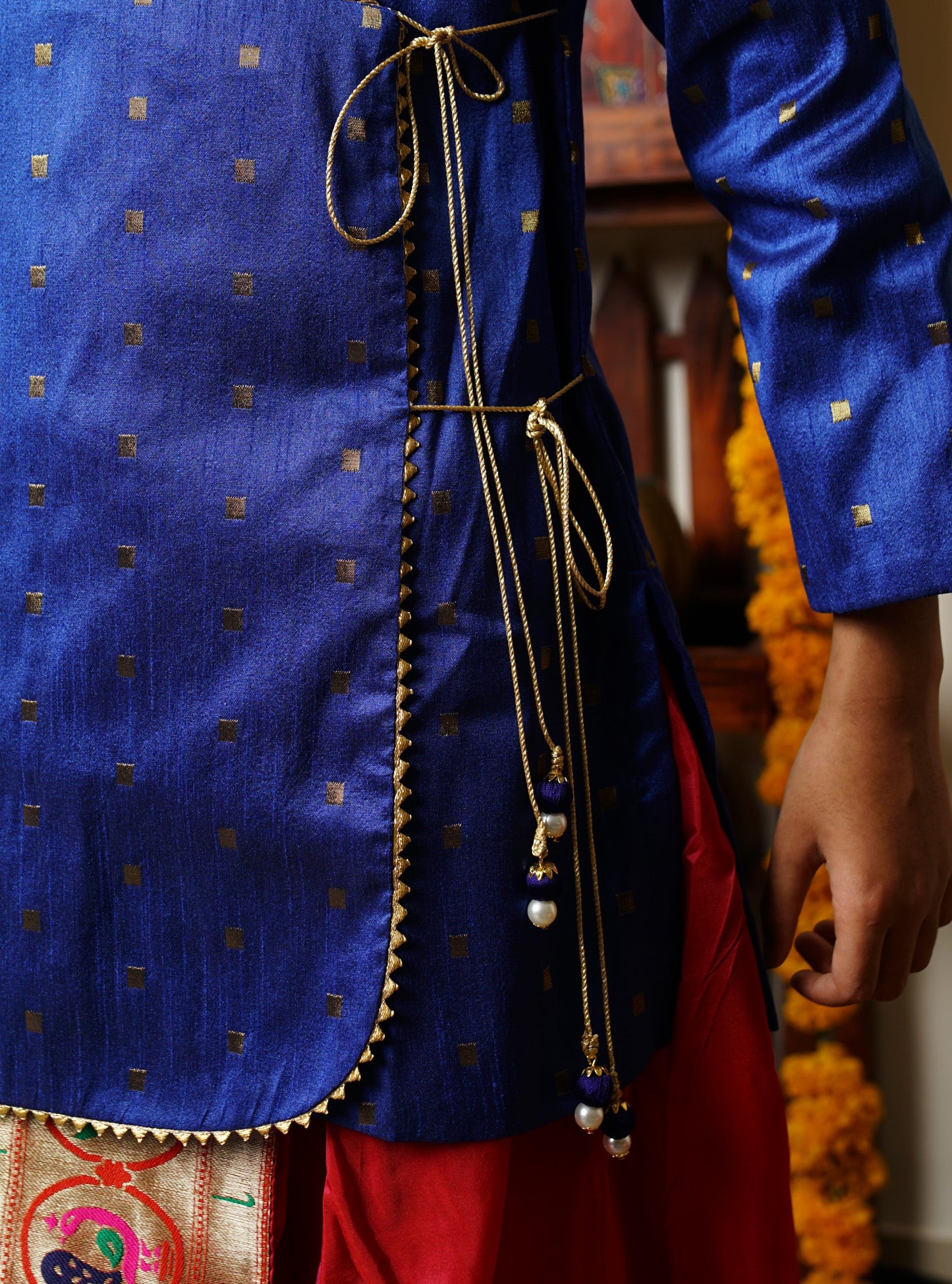 Royal Blue  silk traditional ethnic brocade printed silk cotton kurta pyjama salwar suit pajama churidar set sherwani jacket for baby boy kids 