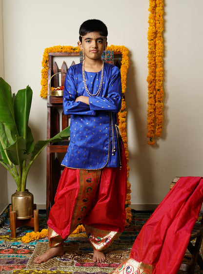 Royal Blue  silk traditional ethnic brocade printed silk cotton kurta pyjama salwar suit pajama churidar set sherwani jacket for baby boy kids 