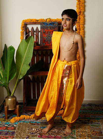 yellow silk Sovale uparane dhoti jari Shawl ethnic traditional dhoti-upavastra pooja dhoti jari gamcha with Paithani jari border for munj thread ceremony vratabandha upanayanam for kids