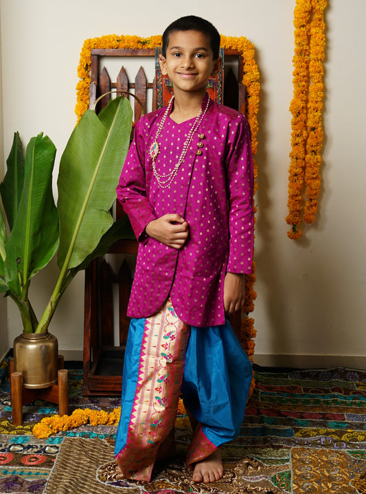 Magenta traditional ethnic brocade printed silk cotton kurta pyjama salwar suit pajama churidar set sherwani jacket for baby boy kids 