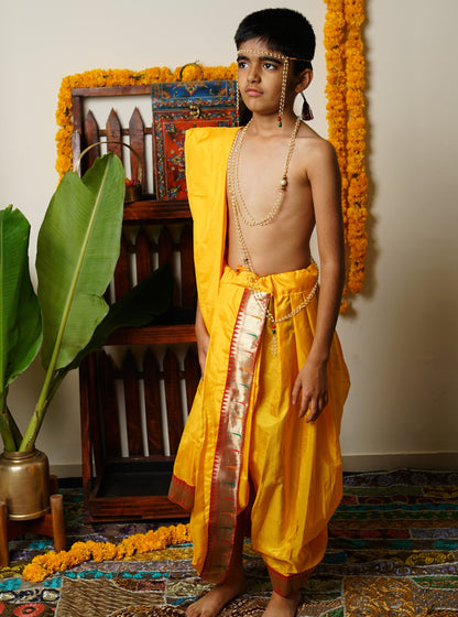 yellow silk Sovale uparane dhoti jari Shawl ethnic traditional dhoti-upavastra pooja dhoti jari gamcha with Paithani jari border for munj thread ceremony vratabandha upanayanam for kids