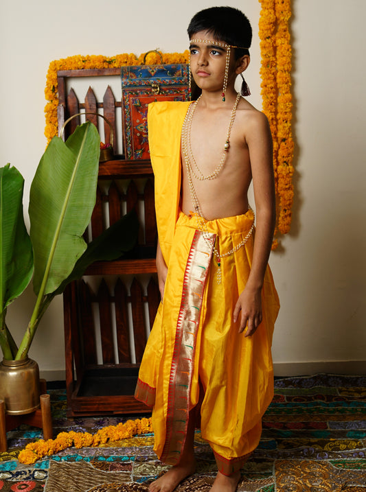 Yellow mysore silk Dhoti/Soval/Kad & Shawl/Upran/Shela with Paithani jari Border Set for Batu.Pre-stitched sovale uparane set includes Ready to wear Sovale & Uparane/Upavastra.Can be paired with a short kurta.This Set is ideal for rituals like Matrubhojan,Muhurt during Munj/Upanayan/Vratabandha/Thread Ceremony.