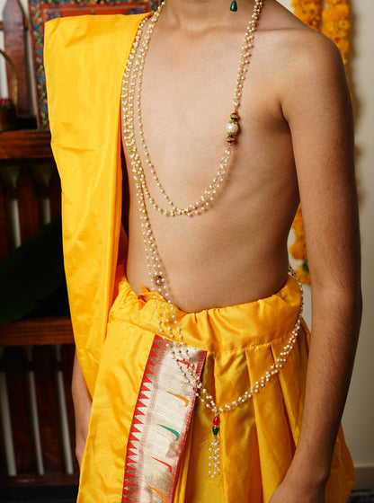 yellow silk Sovale uparane dhoti jari Shawl ethnic traditional dhoti-upavastra pooja dhoti jari gamcha with Paithani jari border for munj thread ceremony vratabandha upanayanam for kids
