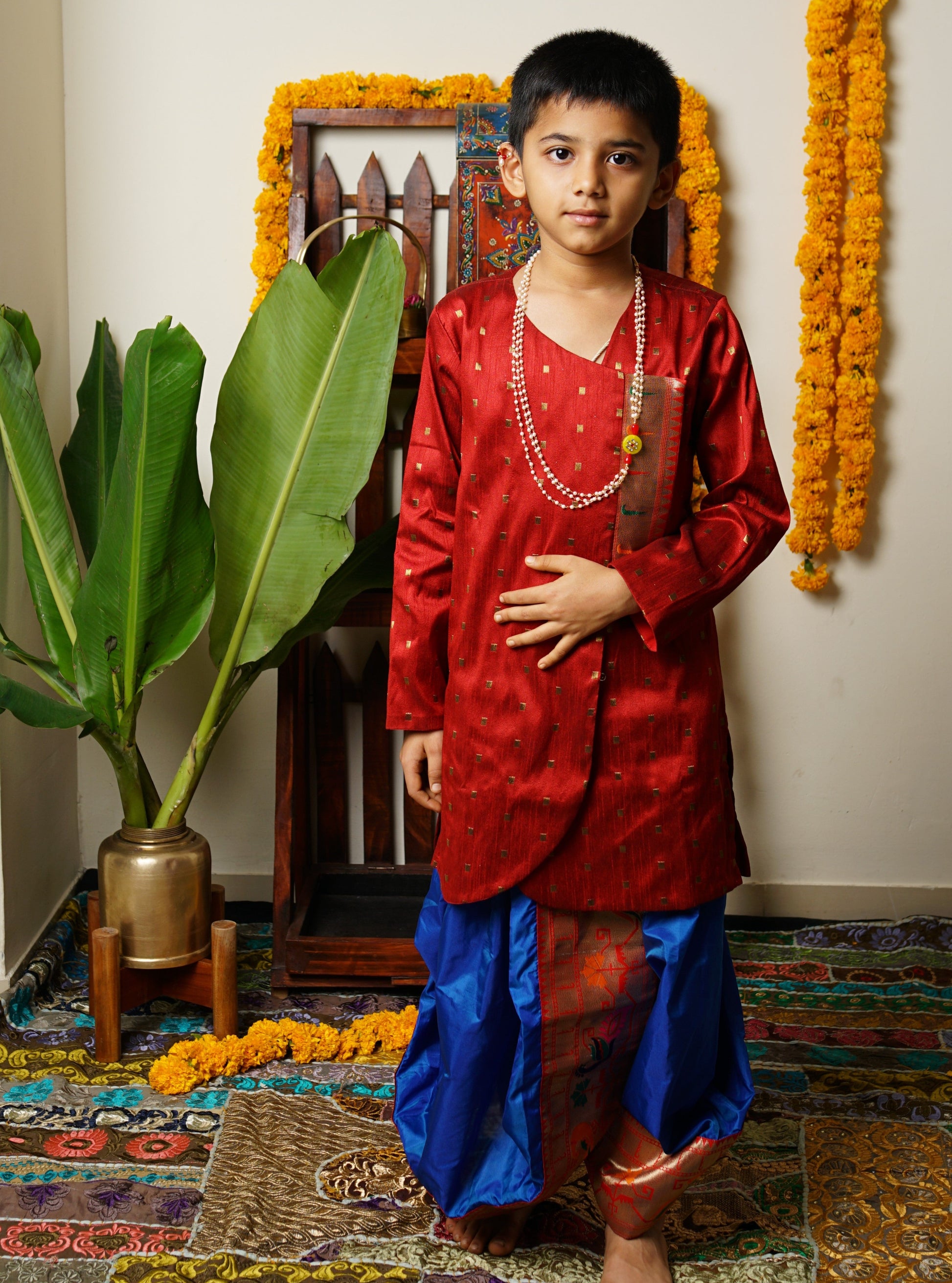 Red traditional ethnic brocade printed silk cotton kurta pyjama salwar suit pajama churidar set sherwani jacket for baby boy kids 