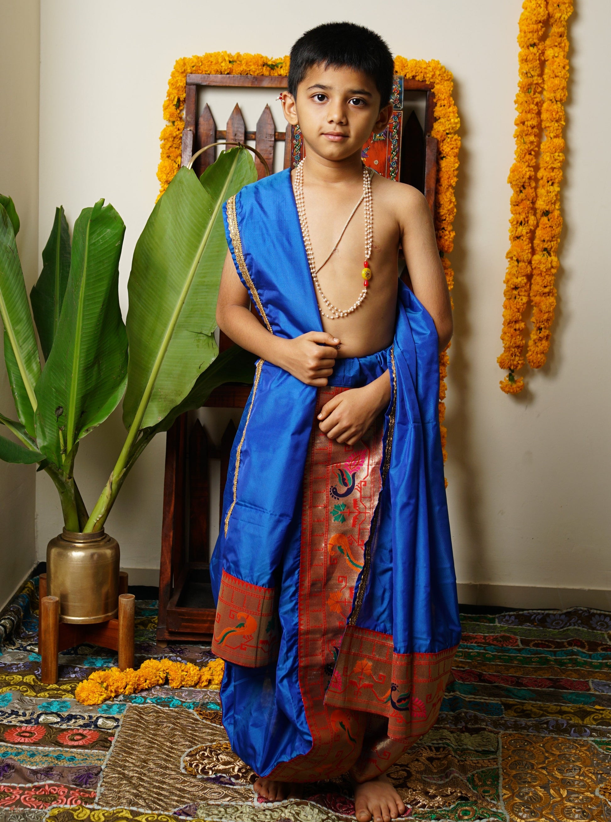 Royal Blue silk Sovale uparane dhoti jari Shawl ethnic traditional dhoti-upavastra pooja dhoti jari gamcha with Paithani jari border for munj thread ceremony vratabandha upanayanam for kids