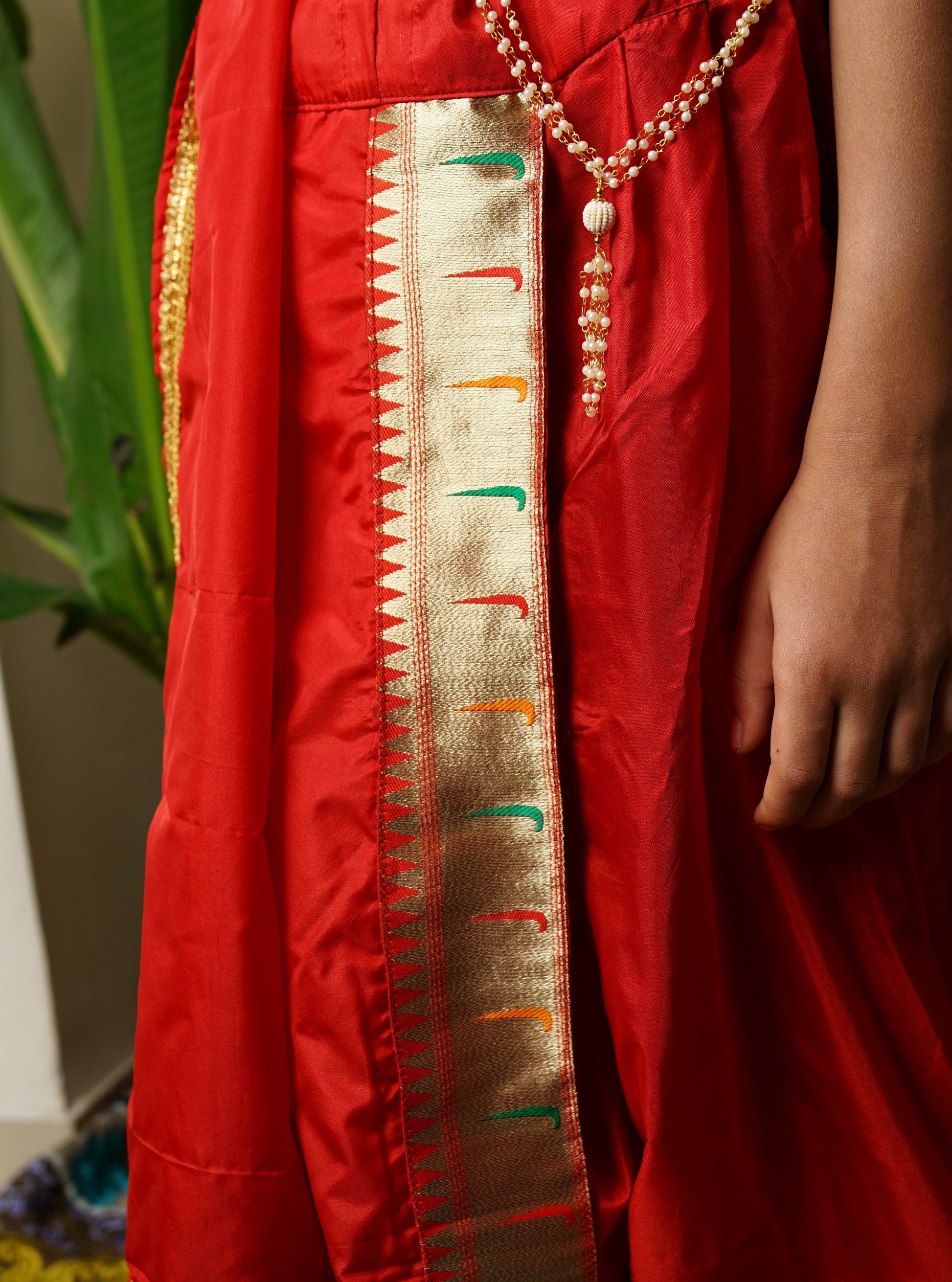 Bright red mysore silk Dhoti/Soval/Kad & Shawl/Upran/Shela with Paithani jari Border Set for Batu.Pre-stitched sovale uparane set includes Ready to wear Sovale & Uparane/Upavastra.Can be paired with a short kurta.This Set is ideal for rituals like Matrubhojan,Muhurt during Munj/Upanayan/Vratabandha/Thread Ceremony.