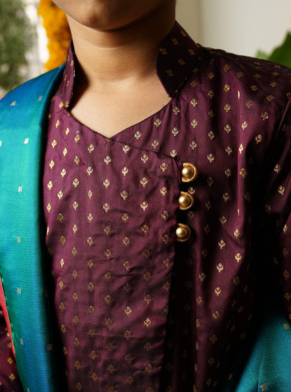 Coffee traditional ethnic brocade printed silk cotton kurta pyjama salwar suit pajama churidar set sherwani jacket for baby boy kids 