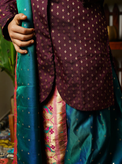 Coffee traditional ethnic brocade printed silk cotton kurta pyjama salwar suit pajama churidar set sherwani jacket for baby boy kids 