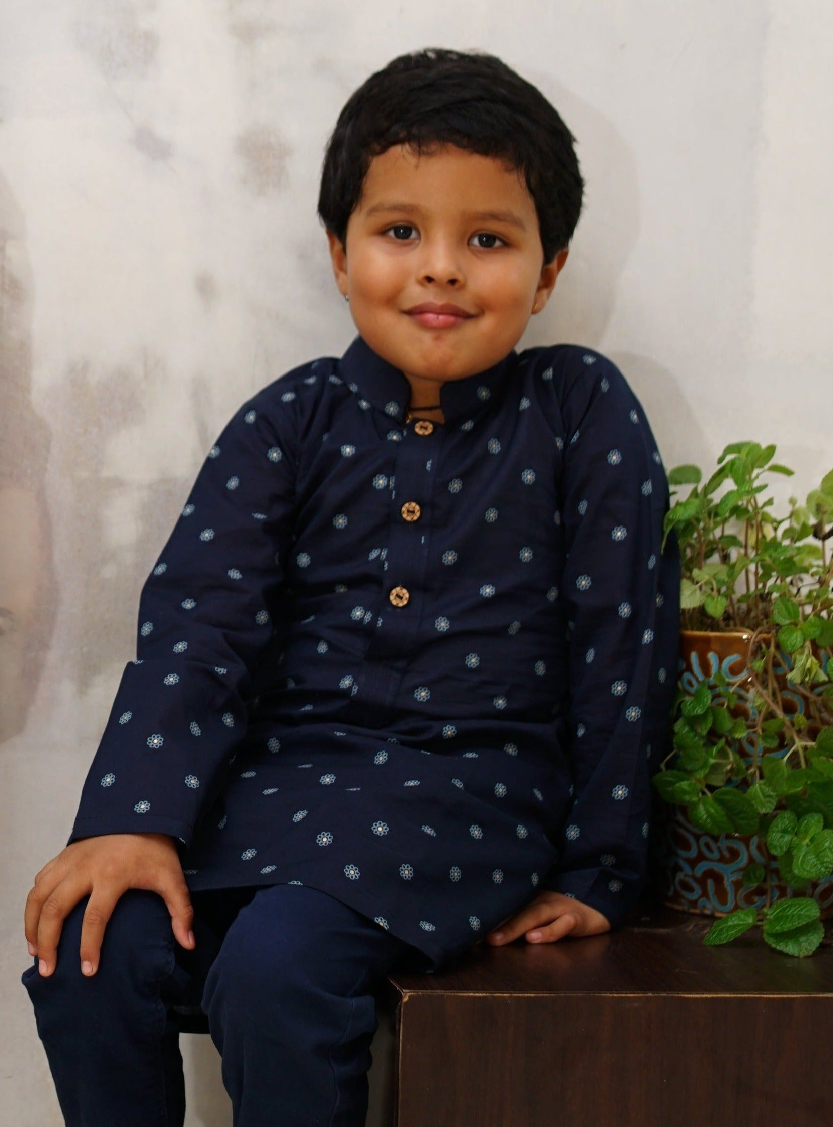 indigo Cotton traditional ethnic brocade printed silk cotton kurta pyjama salwar suit pajama churidar set sherwani jacket for baby boy kids 