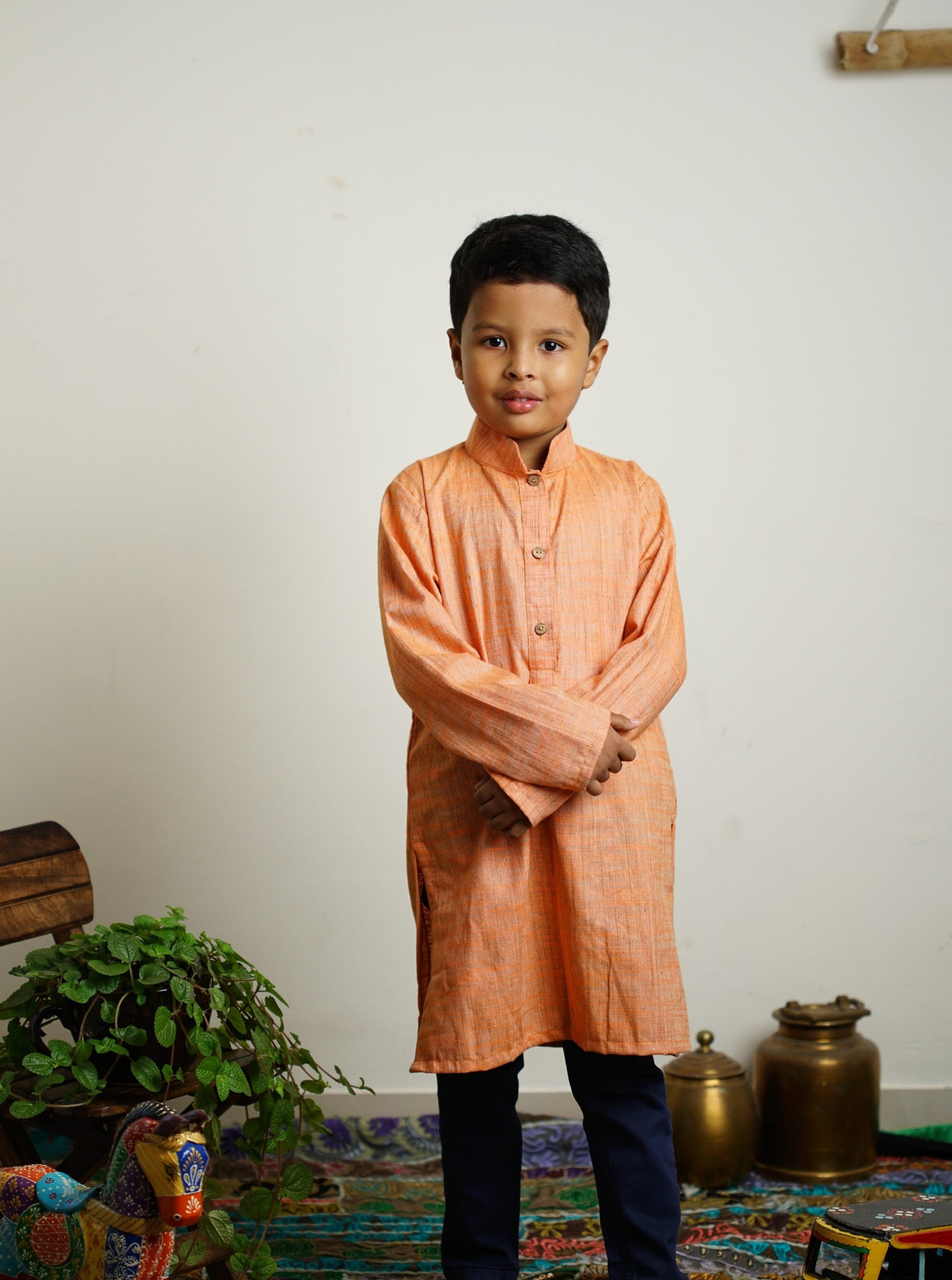 light orange traditional ethnic brocade printed silk cotton kurta pyjama salwar suit pajama churidar set sherwani jacket for baby boy kids 