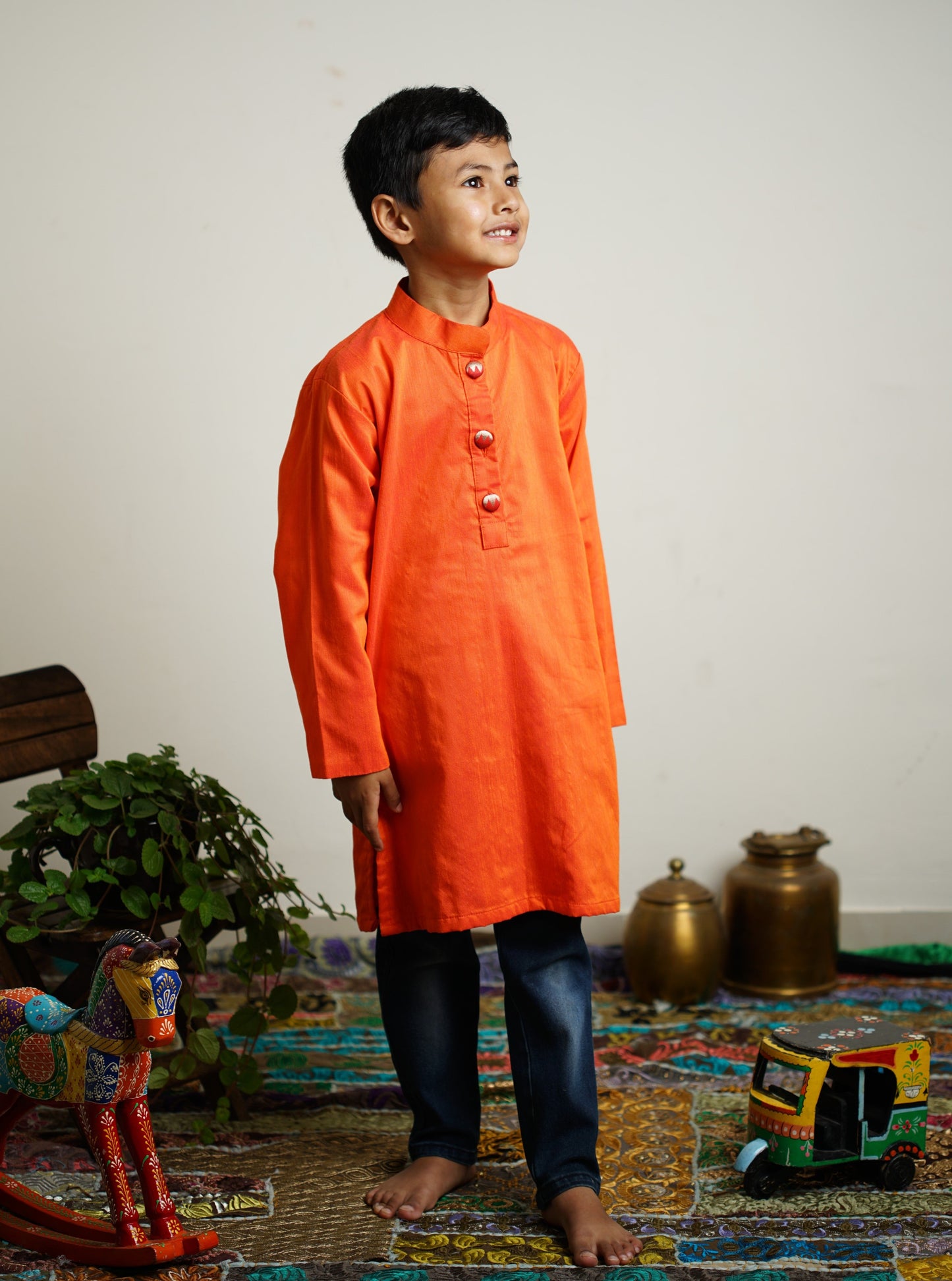 Orange traditional ethnic brocade printed silk cotton kurta pyjama salwar suit pajama churidar set sherwani jacket for baby boy kids 