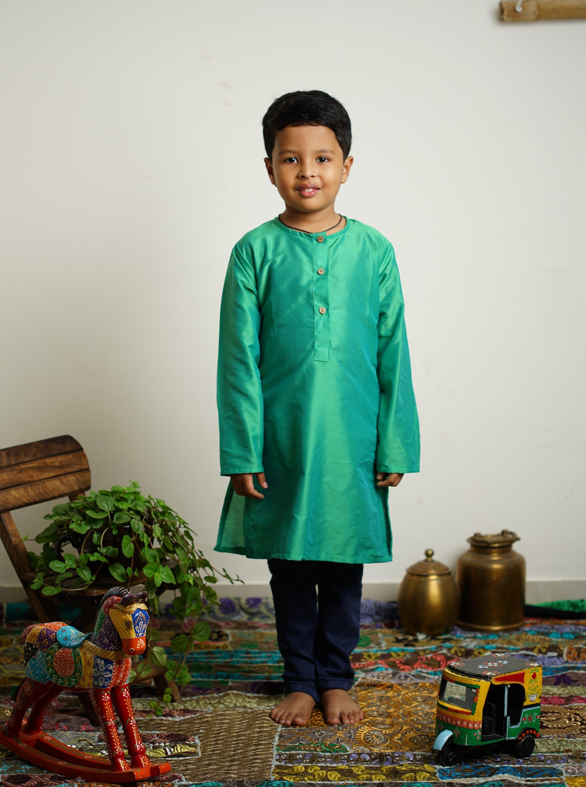 Emerald Green cotton silk long kurta traditional ethnic brocade printed silk cotton kurta pyjama salwar suit pajama churidar set sherwani jacket for baby boy kids 