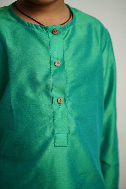 Emerald Green cotton silk long kurta traditional ethnic brocade printed silk cotton kurta pyjama salwar suit pajama churidar set sherwani jacket for baby boy kids 