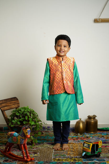 orange traditional ethnic brocade printed silk cotton kurta pyjama salwar suit pajama churidar set sherwani jacket for baby boy kids 