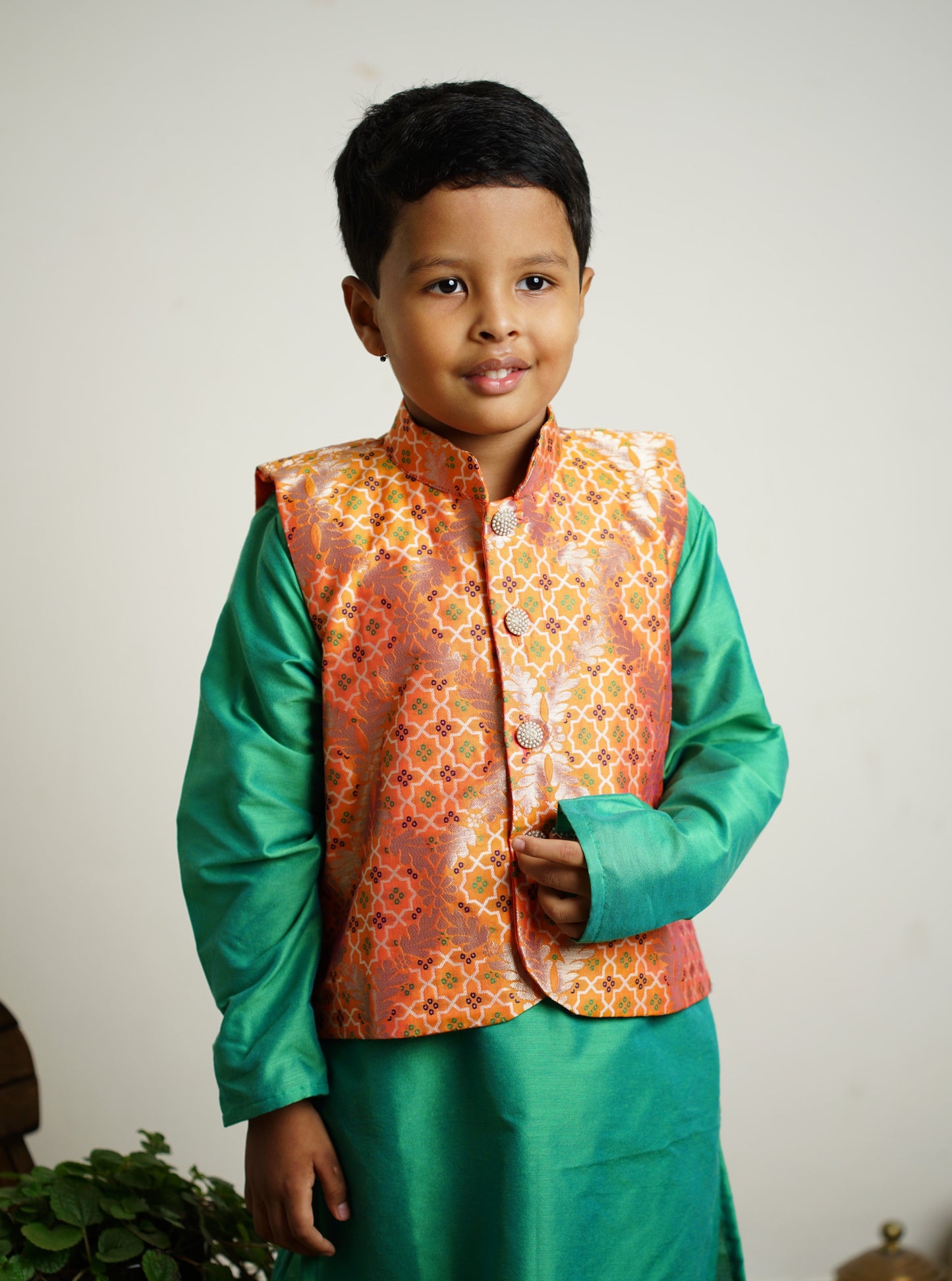 orange traditional ethnic brocade printed silk cotton kurta pyjama salwar suit pajama churidar set sherwani jacket for baby boy kids 