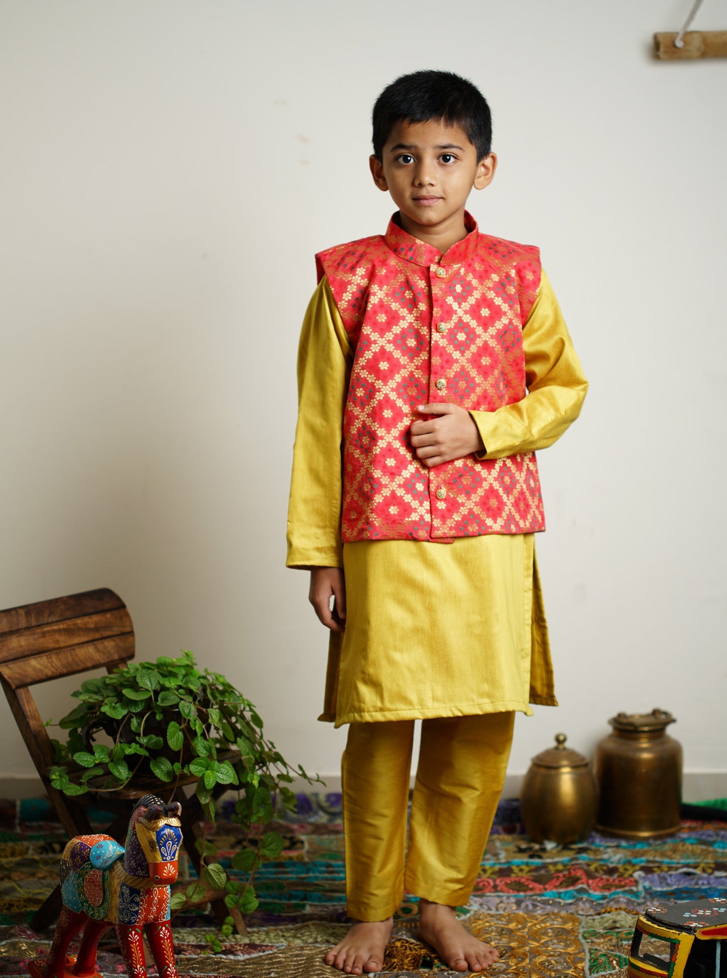 fresh olive traditional ethnic brocade printed silk cotton kurta pyjama salwar suit pajama churidar set sherwani jacket for baby boy kids 