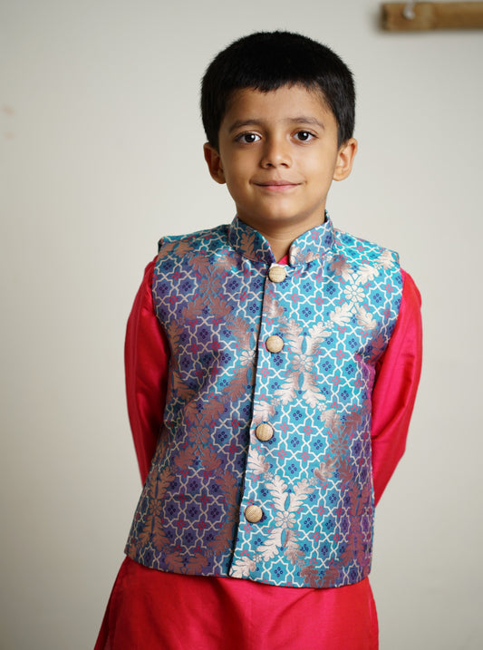 aqua blue traditional ethnic brocade printed silk cotton kurta pyjama salwar suit pajama churidar set sherwani jacket for baby boy kids 