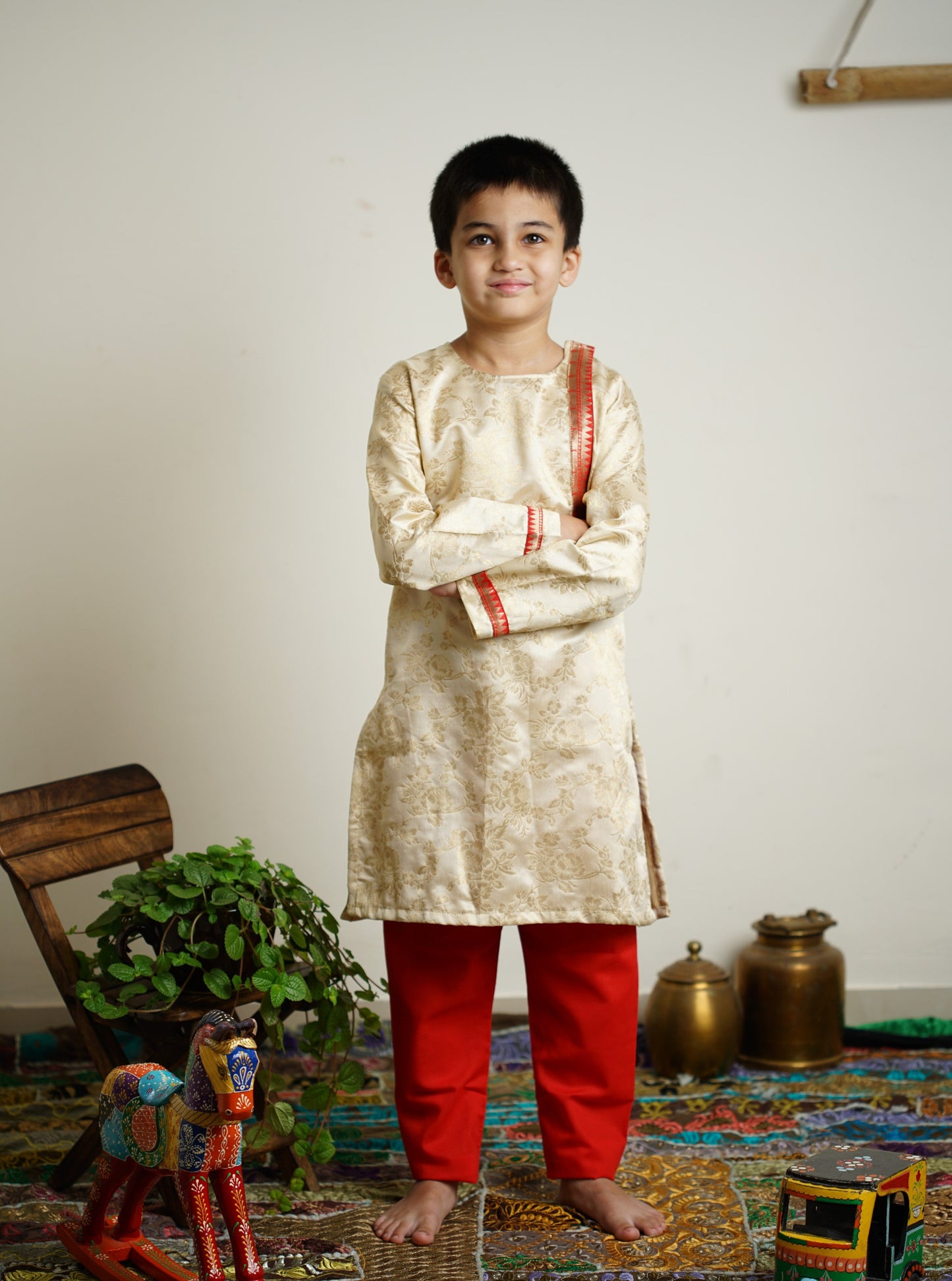 Ivory traditional ethnic brocade printed silk cotton kurta pyjama salwar suit pajama churidar set sherwani jacket for baby boy kids 