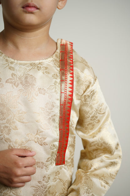 Ivory traditional ethnic brocade printed silk cotton kurta pyjama salwar suit pajama churidar set sherwani jacket for baby boy kids 