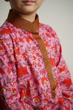 Lilac colored Sanganeri Cotton block printed Stand Collar Kurta with silver jari weaved lines.Kurtas with collar or Angrakha pattern teamed with salwar are the best choice for any festive occasion for boys.They are Trendy, Easy to wear and comfortable to carry.