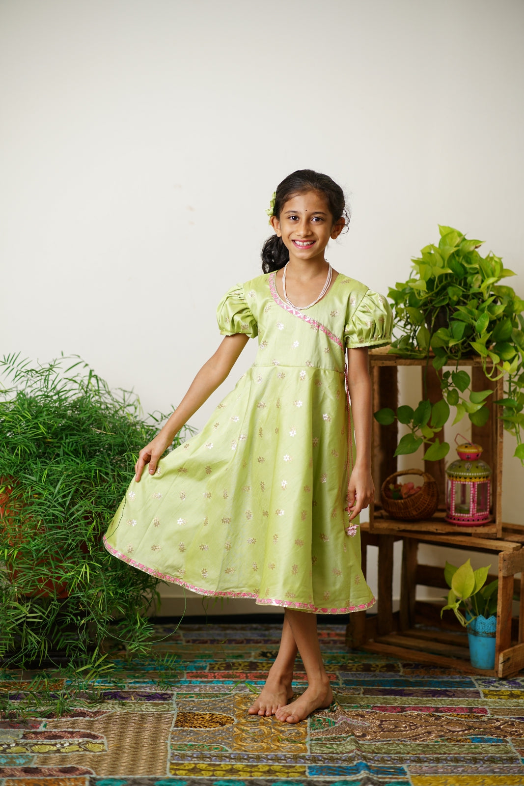Lime green taffeta silk kurti.Let your princess be as comfortable as in her casuals with carefully designed & crafted Comfort Ethnic Wear by Soyara Ethnics.Keep her fashion quotient high with timeless patterns, vibrant combinations and royal textiles.