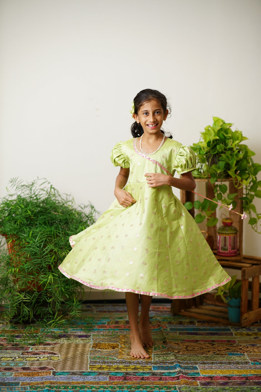 Lime green taffeta silk kurti.Let your princess be as comfortable as in her casuals with carefully designed & crafted Comfort Ethnic Wear by Soyara Ethnics.Keep her fashion quotient high with timeless patterns, vibrant combinations and royal textiles.