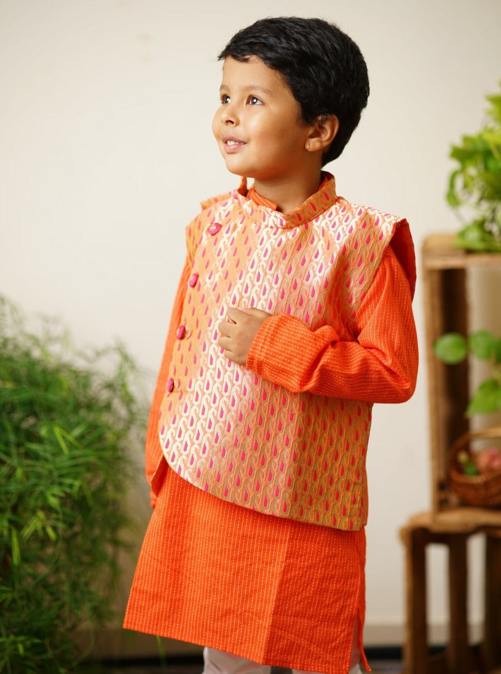 orange floral traditional ethnic brocade printed silk cotton kurta pyjama salwar suit pajama churidar set sherwani jacket for baby boy kids 