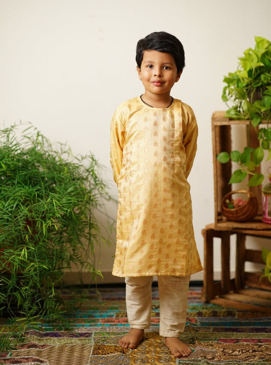Golden beige banarasi silk kurta with Side placket.Kurtas with collar or Angrakha pattern teamed with salwar are the best choice for any festive occasion for boys.They are Trendy, Easy to wear and comfortable to carry.