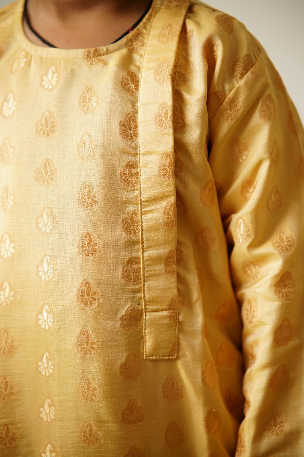Golden beige banarasi brocade traditional ethnic brocade printed silk cotton kurta pyjama salwar suit pajama churidar set sherwani jacket for baby boy kids 