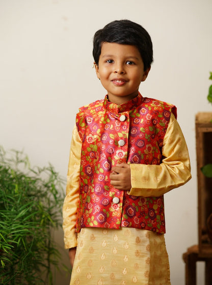 orange floral traditional ethnic brocade printed silk cotton kurta pyjama salwar suit pajama churidar set sherwani jacket for baby boy kids 